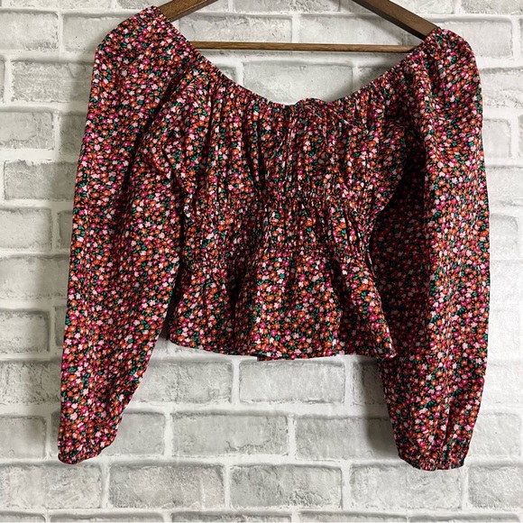 Zara Colorful Mini Floral Printed PeasantSmocked Peplum Cropped Balloon Slv XS - Picture 1 of 8